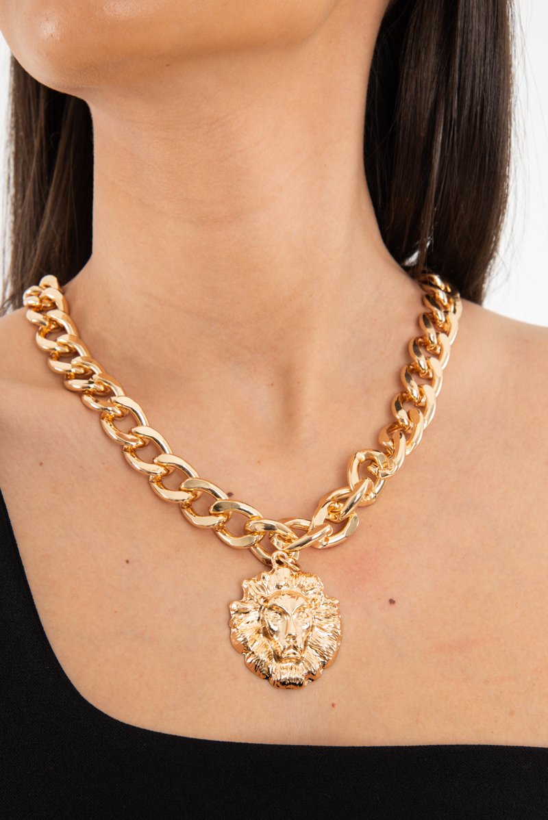 Gold Chunky Chain Lion Pendant Necklace - Jeslie-Jewellery