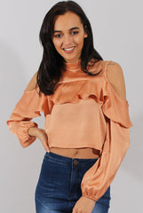 Gold Cold Shoulder Frill Layer Top - Lucy-Tops