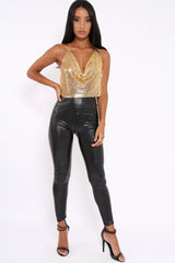 Gold Cowl Chainmail Halterneck Crop Top - Ebonie-Crop Tops