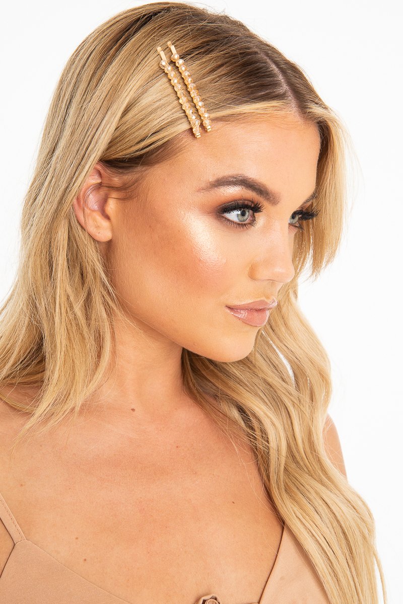 Gold Crystal Embellished Pack of 2 Hair Clips - Patrice-Hair