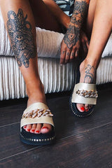 Gold Diamante Chain Flatform Sliders - Elliyah-Sliders