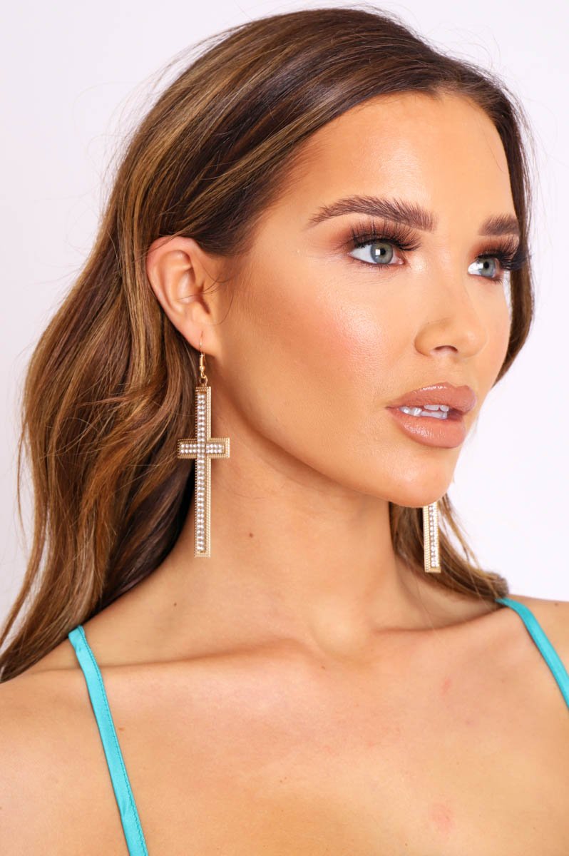 Gold Diamante Detail Cross Earrings - Abela-Jewellery