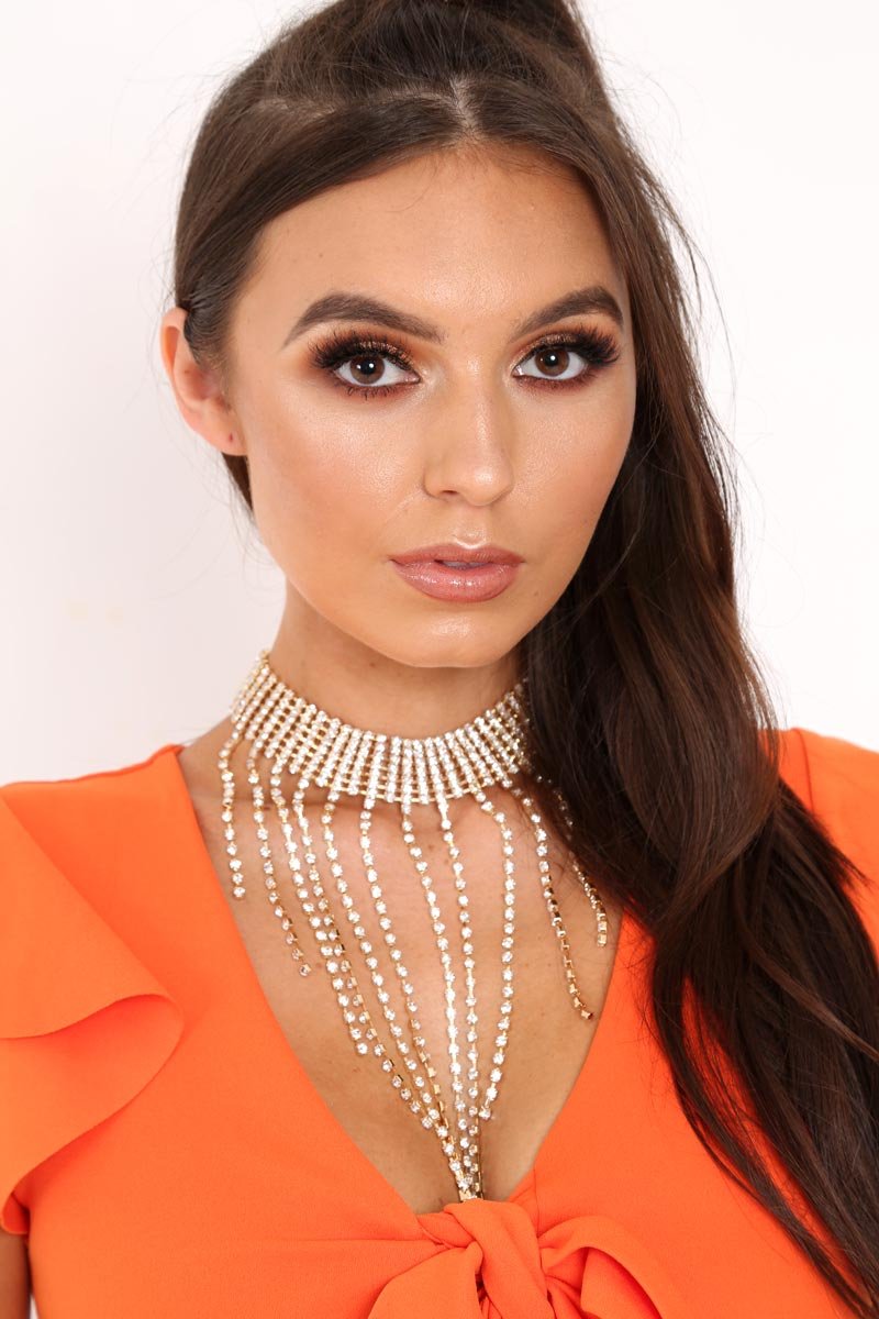 Gold Diamante Drop Down Choker Necklace - Mackenize-Jewellery