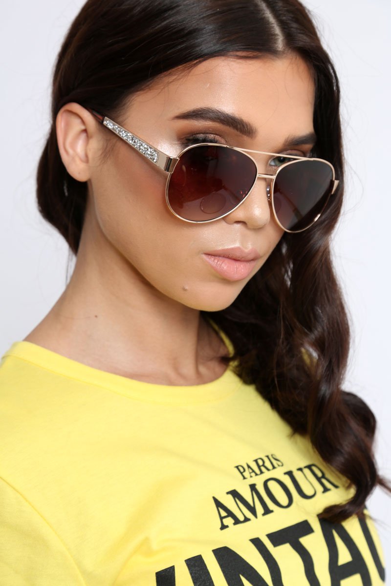 Gold Diamante Embellished Aviator Sunglasses - Gini-Sunglasses