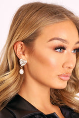 Gold Diamante Embellished Heart Drop Pearl Earrings - Effie-Jewellery