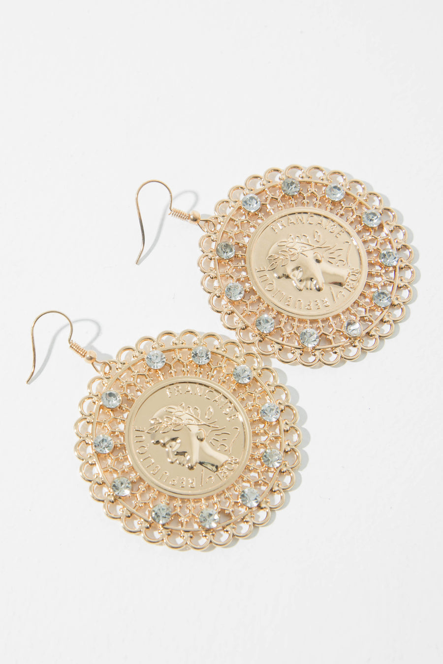 Gold Diamante Filigree Emblem Earrings - Juliyana-Jewellery