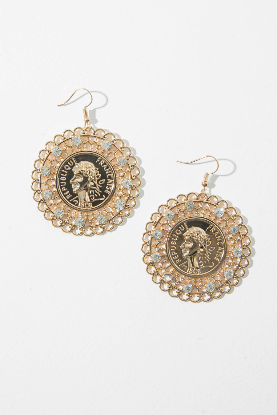 Gold Diamante Filigree Emblem Earrings - Juliyana-Jewellery