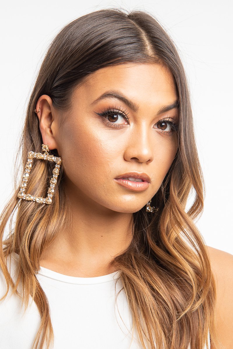 Gold Diamante Square Drop Earrings - Alita-Jewellery