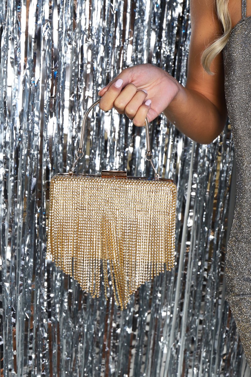 Gold Diamante Tassel Box Clutch - Geri-Bags