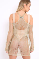 Gold Distressed Cold Shoulder Knitted Dress - Lyndon-Dresses