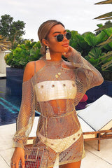 Gold Distressed Cold Shoulder Knitted Dress - Lyndon-Dresses