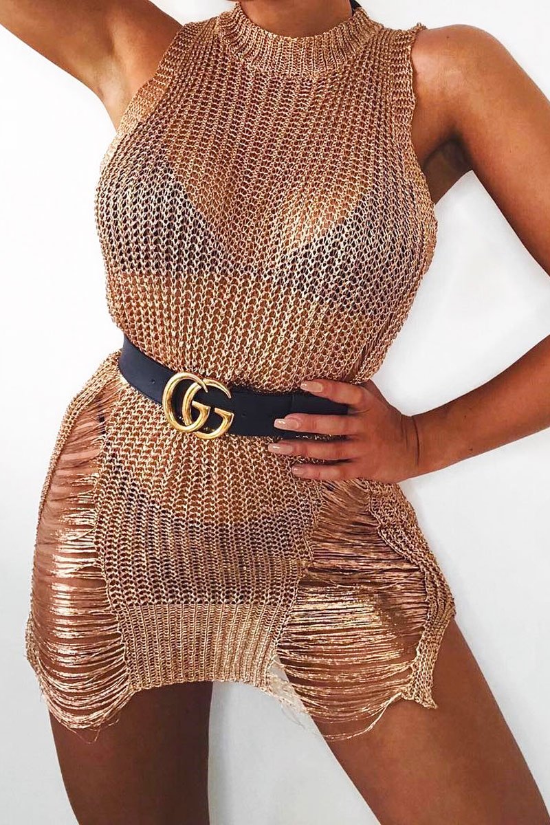 gold distressed knitted dress Emeri Metallic Knit Mini Dress Retrofete