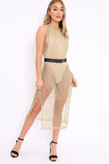 Gold Distressed Knitted Midi Dress - Natalia-Dresses