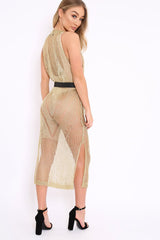 Gold Distressed Knitted Midi Dress - Natalia-Dresses