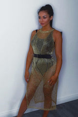 Gold Distressed Knitted Midi Dress - Natalia-Dresses