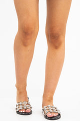 Gold Faux Leather Studded Cage Slip On Sandals - Yamina-Sandals