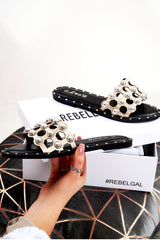 Gold Faux Leather Studded Cage Slip On Sandals - Yamina-Sandals