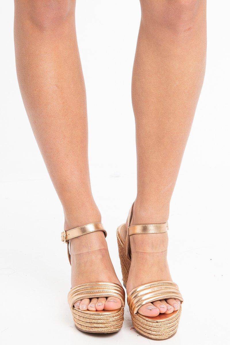 Gold Faux Leather Woven Detail Wedges - Jasey-Wedges