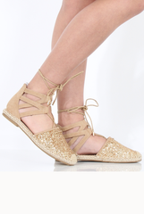 Gold Glitter Lace Up Espadrilles - Bonnie-Shoes