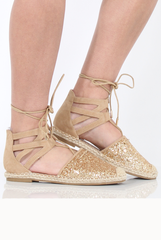 Gold Glitter Lace Up Espadrilles - Bonnie-Shoes