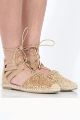 Gold Glitter Lace Up Espadrilles - Bonnie-Shoes