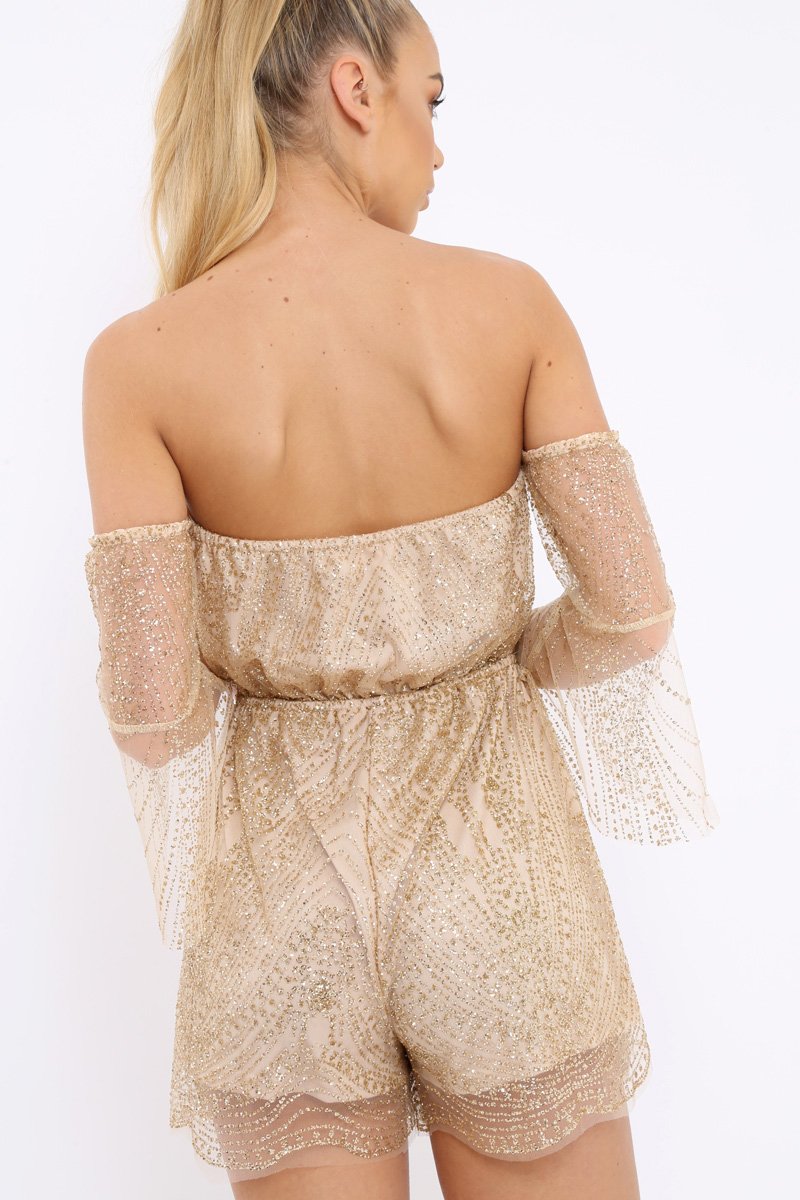 Gold Glitter Off Shoulder Flared Sleeve Playsuit - Tabitha-Playsuits