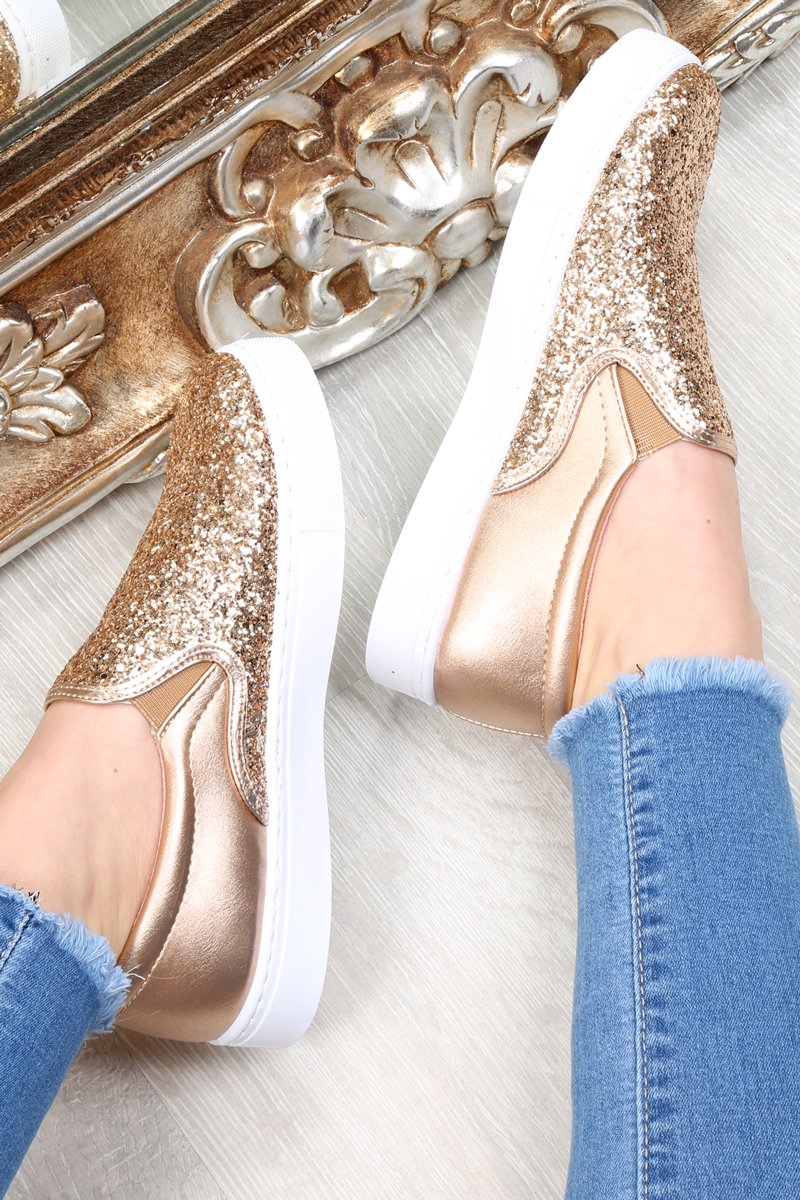 Gold Glitter Slip On Trainers - Maddie-Trainers
