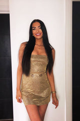 Gold Glitter Straight Neck Mini Dress - Alanis-Dresses