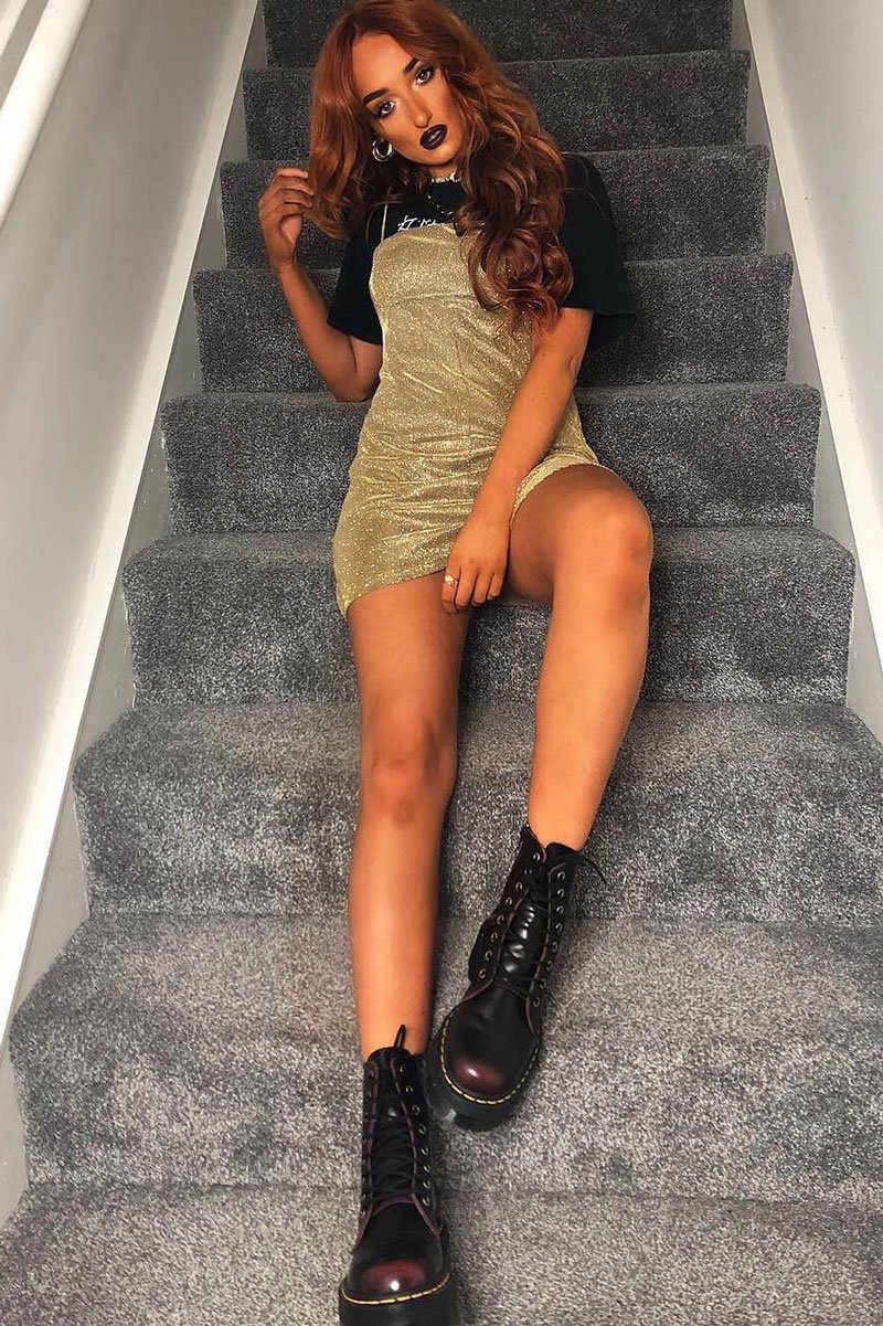 Gold Glitter Straight Neck Mini Dress - Alanis-Dresses