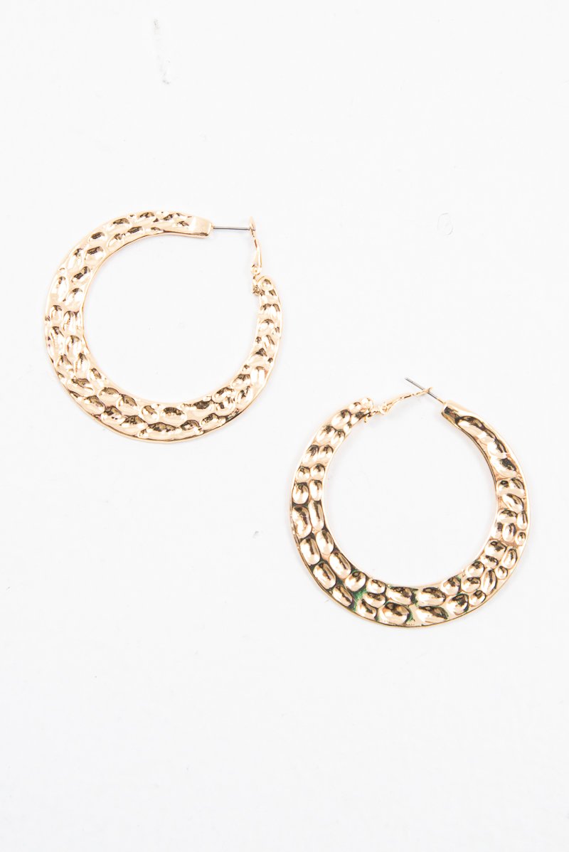 Gold Hammered Metal Flat Hoop Earrings - Cherry-Jewellery