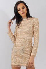 Gold High Neck Sequin Embellished Bodycon Dress - Laila-Dresses