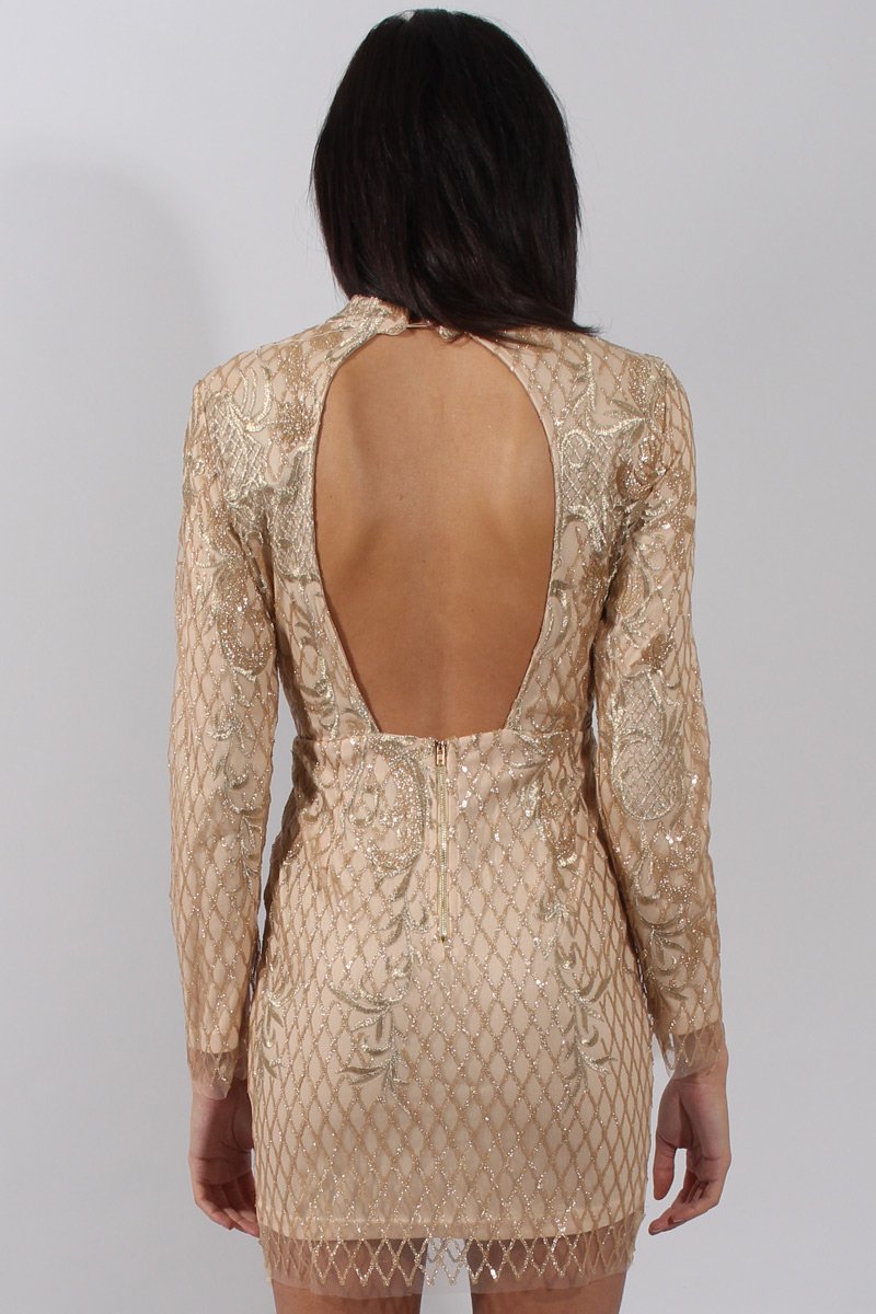Gold High Neck Sequin Embellished Bodycon Dress - Laila-Dresses
