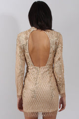 Gold High Neck Sequin Embellished Bodycon Dress - Laila-Dresses