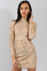 Gold High Neck Sequin Embellished Bodycon Dress - Laila-Dresses