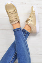 Gold Lace Up Studded Trainers - Danaly-Trainers