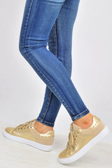 Gold Lace Up Studded Trainers - Danaly-Trainers