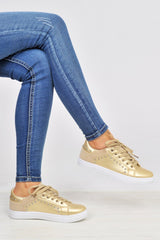 Gold Lace Up Studded Trainers - Danaly-Trainers