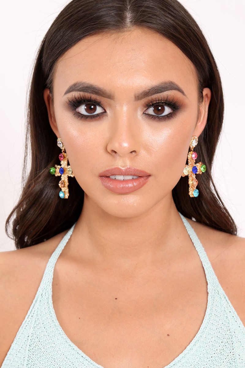 Gold Large Multi Jewel Cross Drop Earrings - Demri-Jewellery