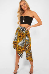 Gold Leopard Mix Print Split Front Midi Skirt - Valera-Skirts