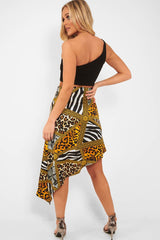 Gold Leopard Mix Print Split Front Midi Skirt - Valera-Skirts