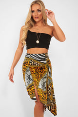 Gold Leopard Mix Print Split Front Midi Skirt - Valera-Skirts