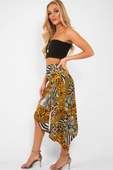 Gold Leopard Mix Print Split Front Midi Skirt - Valera-Skirts