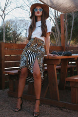 Gold Leopard Mix Print Split Front Midi Skirt - Valera-Skirts