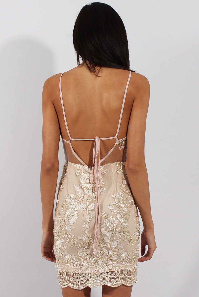 Gold Mesh Floral Embroidered Strappy Backless Dress - Mia Rebellious Fashion Gold Mesh Floral Embroidered Strappy Backless Dress - Mia Rebellious Fashion
