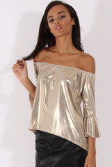 Gold Metallic Bardot Bell Sleeve Top - Nova-Tops