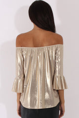 Gold Metallic Bardot Bell Sleeve Top - Nova-Tops