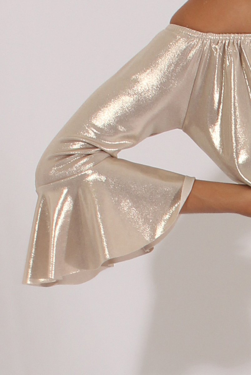 Gold Metallic Bardot Bell Sleeve Top - Nova-Tops