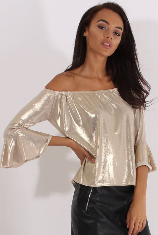 Gold Metallic Bardot Bell Sleeve Top - Nova