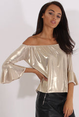 Gold Metallic Bardot Bell Sleeve Top - Nova-Tops