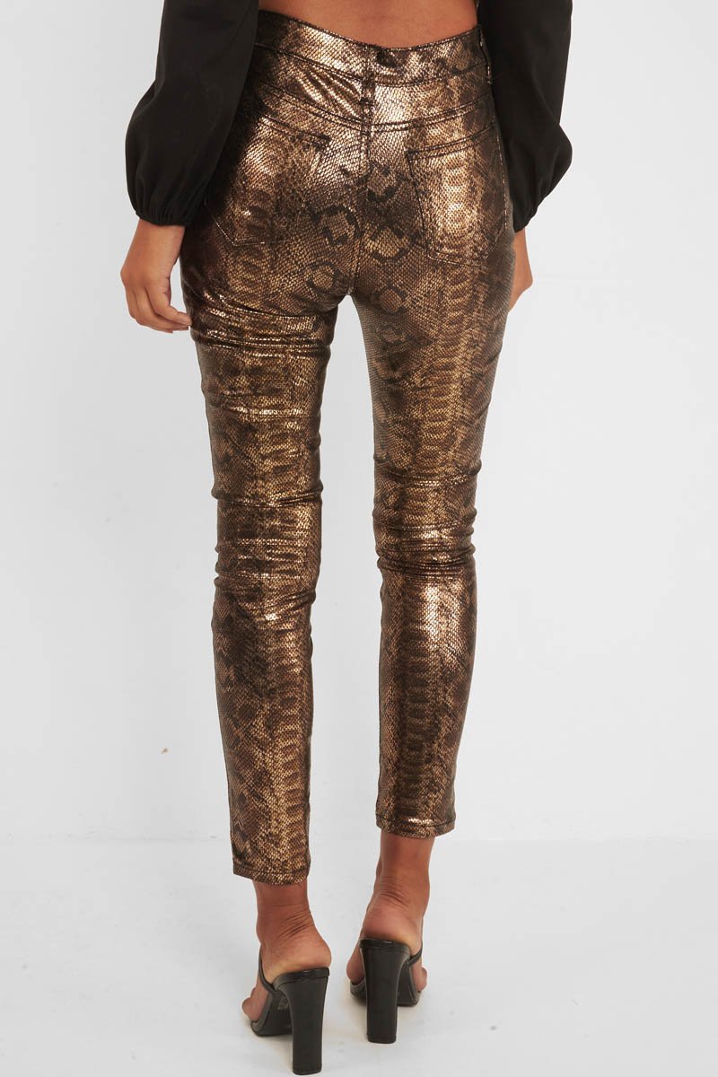 Gold Metallic Coated Snake Print Jeans - Tamsin-Jeans